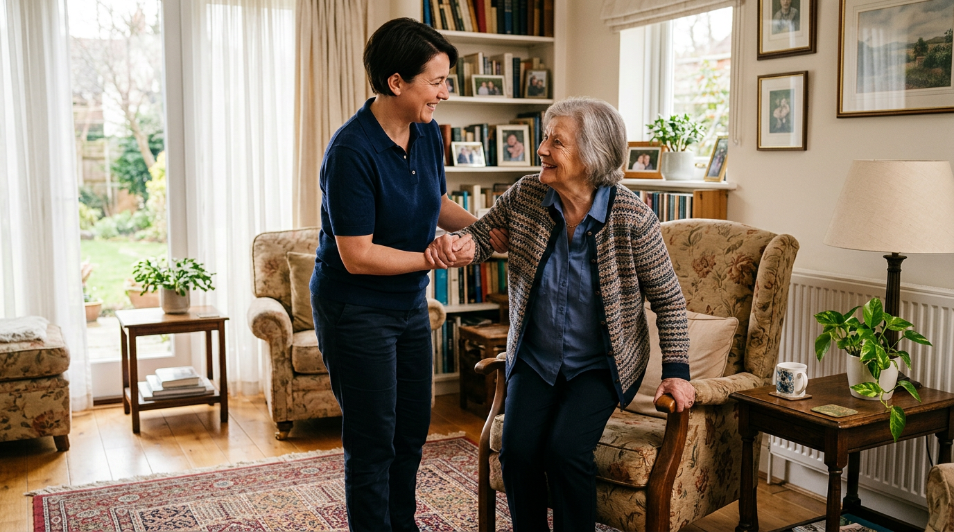 Non-medical personal care: caregiver assisting an older adult at home—never alone, supportive and dignified