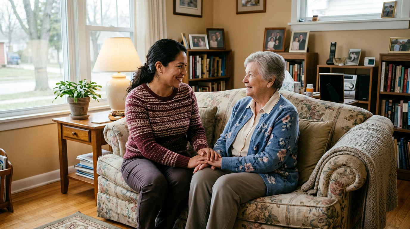 Caregiver and client in comfortable clothing at home—support for seniors and adults with disabilities