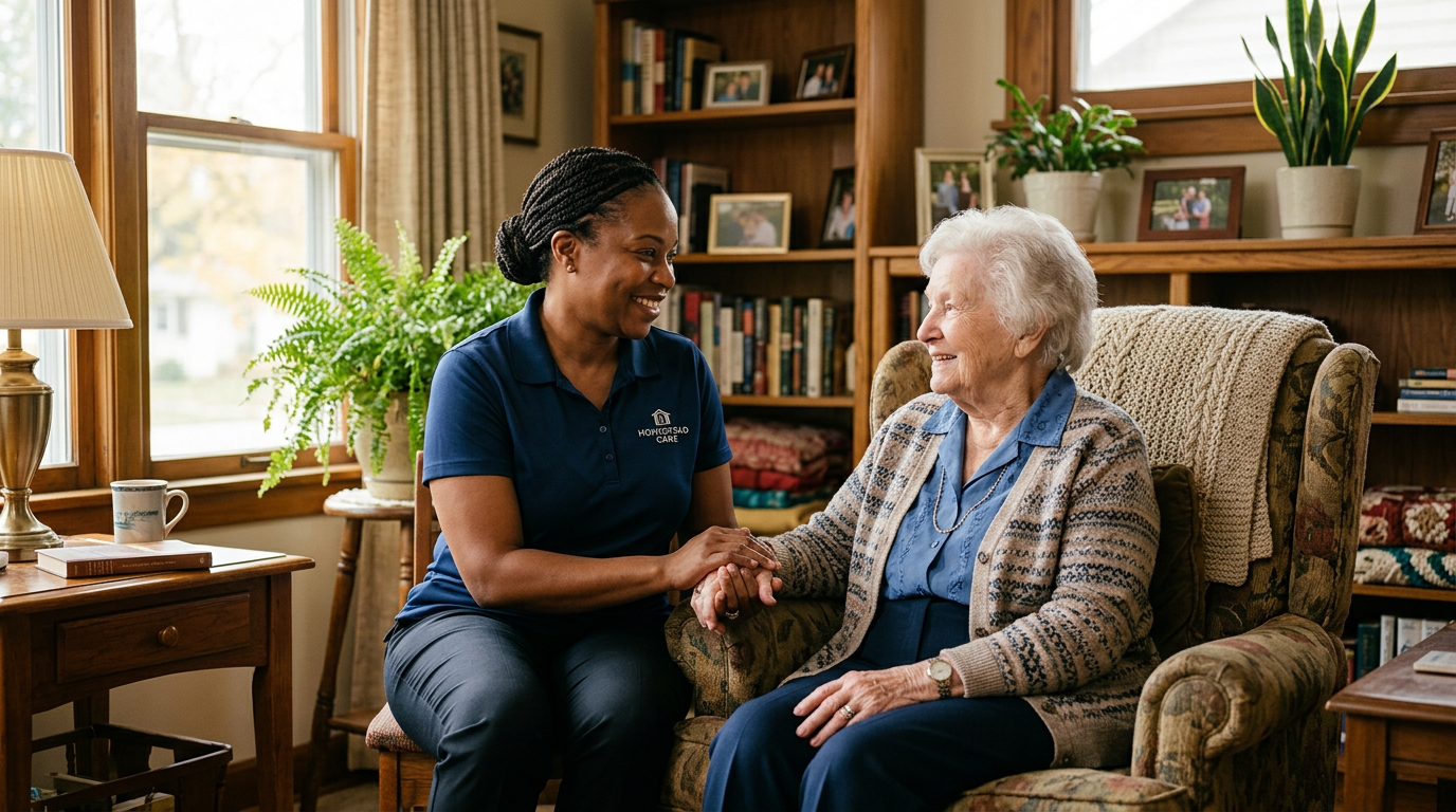 Caregiver in a home setting supporting a client with warmth and respect