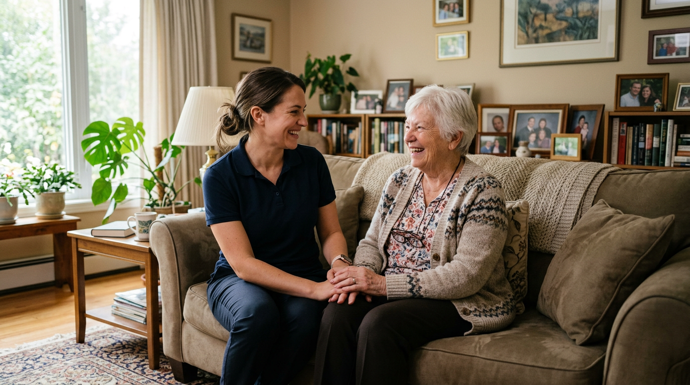 Non-medical home care: caregiver in everyday clothing with a client in a comfortable home setting—not a clinic or hospital